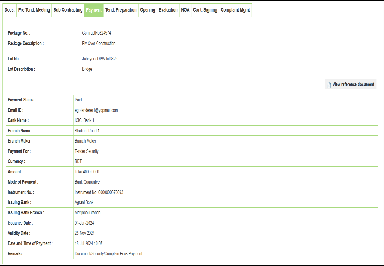 Tender Security পেমেন্ট তথ্য — Screen D61