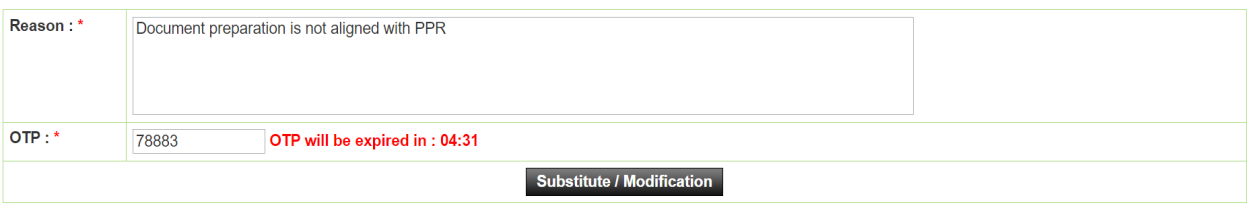 OTP এন্ট্রি ও Substitute/Modification বাটন — Screen D133