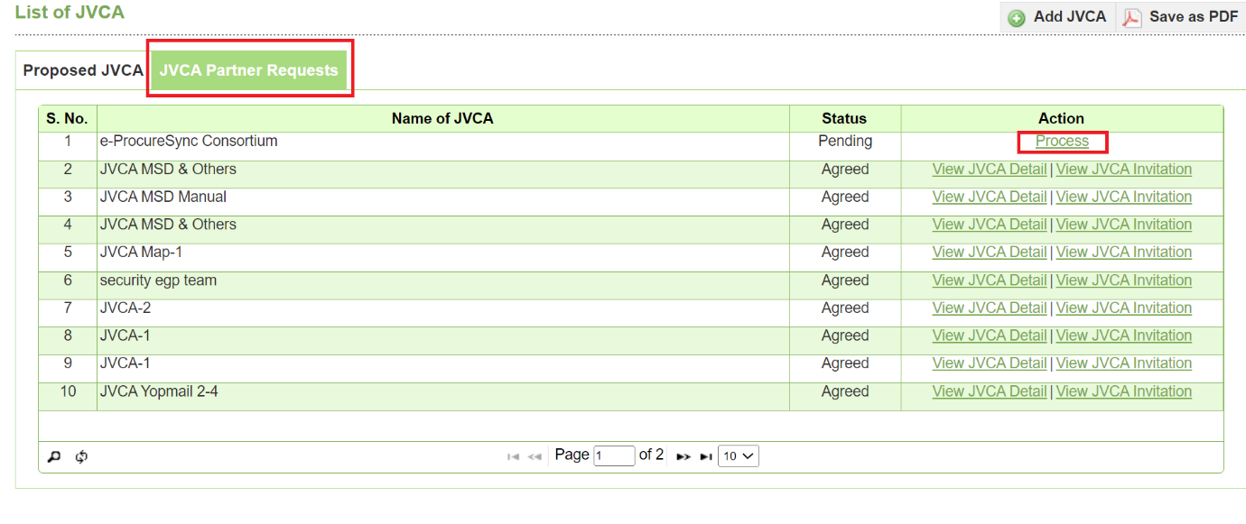 JVCA Partner Requests, Process লিংক — Screen E70