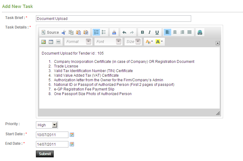 Add New Task: Task Brief, Priority ও তারিখ